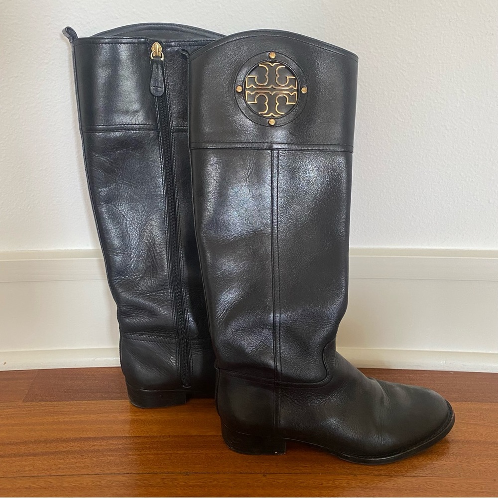 Tory Burch KIERNAN Tall Leather Black Riding Flat Boots Gold Logo
